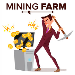 Sticker - Mining Farm Vector. Businessman Miner. Cryptography Currency. Modern Industry. Server Database. Isolated Flat Cartoon Illustration