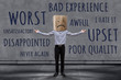 © blacksalmon - Customer Experience Concept, Unhappy Businessman Client with Sadness Emotion Face on Paper Bag, Blurred Concrete Wall with Wording of Negative Reviews as background