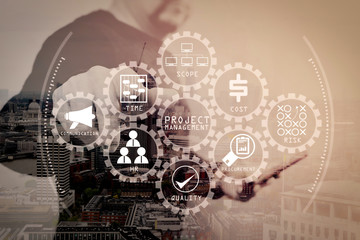 Wall Mural - double exposure of businessman hand pressing an imaginary button,holding smart phone,blank digital s
