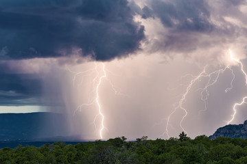 Wall Mural - Thunderstorm lightning bolts and heavy rain