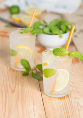 Two glass of Lemonade with fresh lemon and mint leaf.