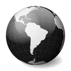 Poster - Black Earth globe focused on South America. With thin white meridians and parallels. 3D glossy sphere vector illustration.