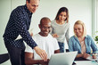 © Flamingo Images - Smiling group of diverse work colleagues working with a laptop