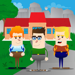 Three Boy standing in front of school. Vector cartoon character illustration.