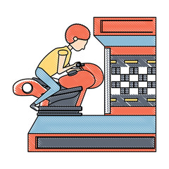 Canvas Print - boy playing on motorcycle arcade machine icon over white background, vector illustration