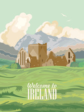 Ireland Vector Illustration With Landmarks, Irish Castle, Green Fields.