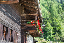 Typical Mountain House With Flowered Balcony, European Alps. Facade Of A Chalet With Red Geraniums. Traditional Walser House At The Foot Of Monte Rosa    