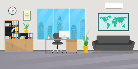 Office interior in flat style. Modern business workspace with office furniture: chair, desk, computer, bookcase, clock on the wall and window. Vector illustration.