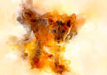 Cute Lion And Graphivc Effect. Softly Blurred Watercolor Background.
