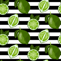 Wall Mural - Seamless pattern with whole and sliced limes. Bright green Citrus. Vector wallpaper.