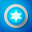 White Hexagonal sheriff star icon isolated on blue background. Sheriff badge symbol. Circle blue button with white line. Vector Illustration