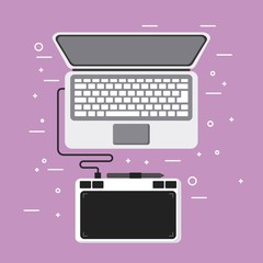 Sticker - laptop and drawing tablet pen design equipment vector illustration