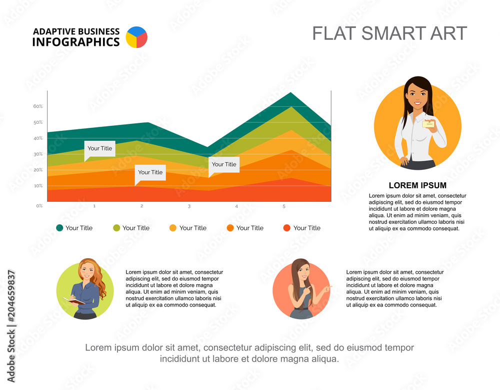 Presentation slide with area chart and woman character icons. Editable ...