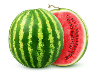 Poster - One watermelon cut in halves isolated on white background with clipping path