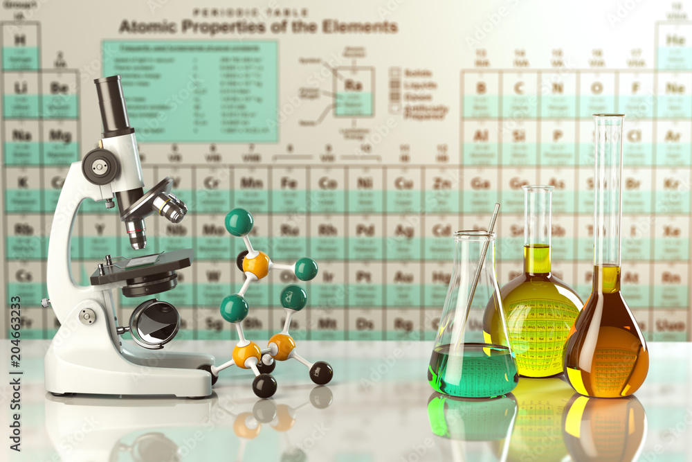 Microscope and test glass flasks and tubes with colored solutions on ...
