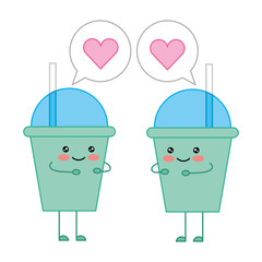 Poster - kawaii pair coffee cups together cartoon vector illustration