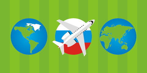 Airplane icon over a football field with a globe and a soccer ball russia 2018