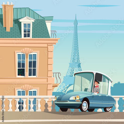 Old French Car On Paris Streets And Eiffel Tower In Background Stock Vector Adobe Stock