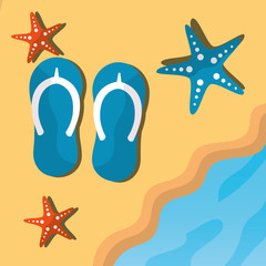 Canvas Print - summer time beach flip flops starfish and shore sea vector illustration