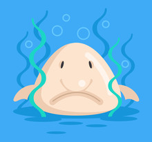 Sad Unhappy Cute Blob Fish Character Under Water Sea Bottom. Underwater Life. Vector Flat Cartoon Isolated Graphic Design Illustration