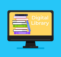 Wall Mural - Shelves full of books in computer monitor. Online digital electronic ebook library education icon concept. Vector flat cartoon isolated graphic design illustration