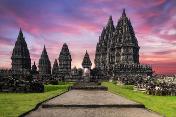 Amazing Prambanan Temple against sunrise sky. Indonesia