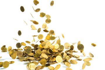 Falling gold coins money isolated on the white background, business money and finance concept.