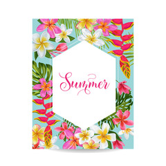 Wall Mural - Blooming Summer Floral Frame, Poster, Banner. Tropical Flowers Card for Invitation, Greetings, Wedding, Baby Shower. Vector illustration