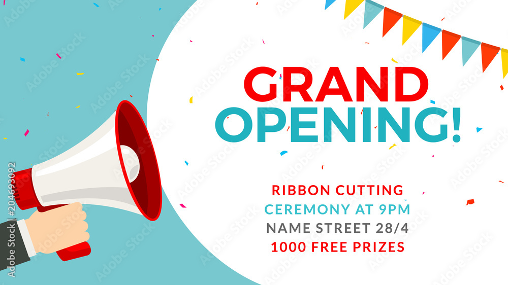 Grand opening flyer banner template. Marketing business concept with megaphone. Grand Opening advertising - obrazy, fototapety, plakaty 