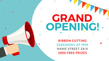 Grand Opening Flyer Banner Template. Marketing Business Concept With Megaphone. Grand Opening Advertising
