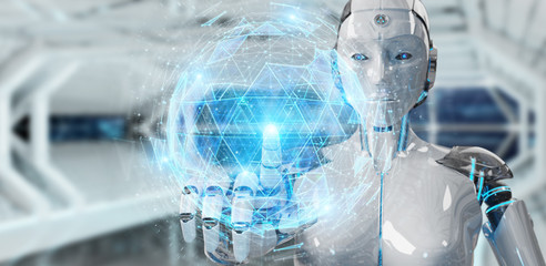 Fototapete - White robot woman using digital sphere connection hologram 3D rendering