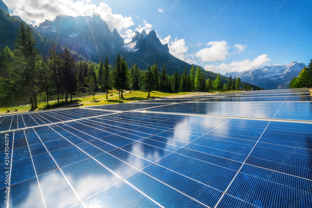 Solar cell panel in country mountain landscape. - obrazy, fototapety, plakaty 