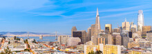 San Francisco Downtown Skyline Aerial View At Sunset From Ina Coolbrith Park Hill In San Francisco, California, USA.