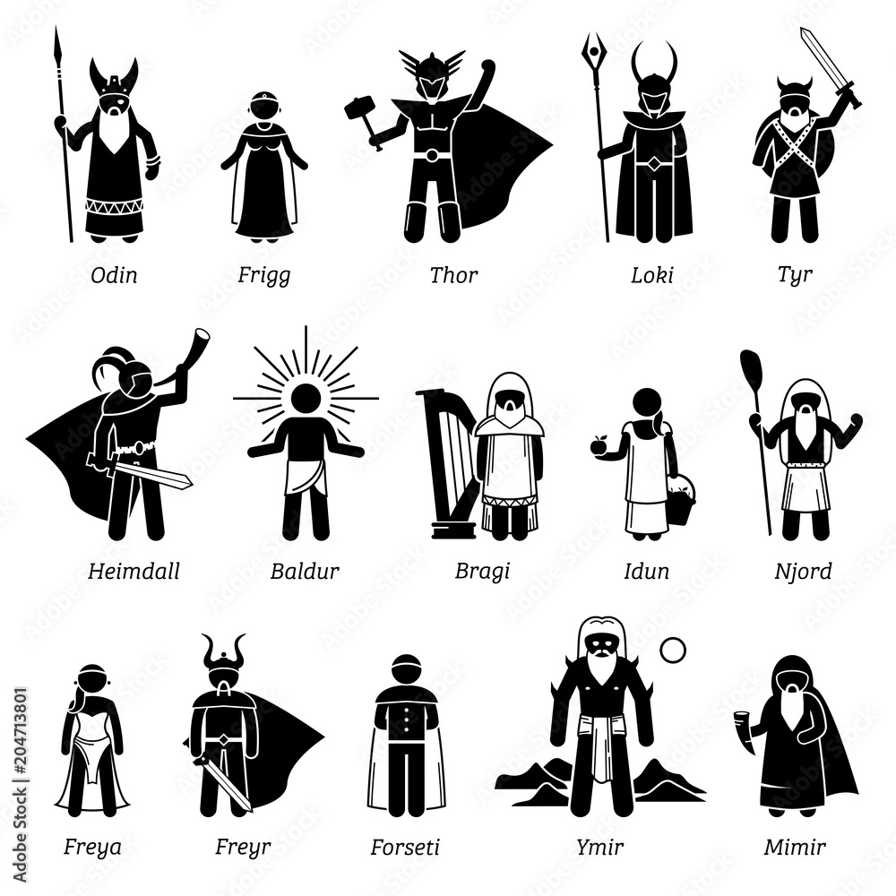 Ancient Norse Mythology Gods and Goddesses Characters Icon Set - obrazy, fototapety, plakaty 