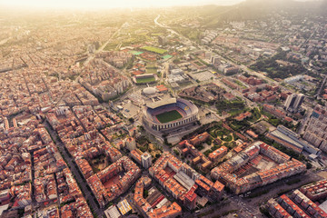 Aerial view of Barcelona Camp Nou stadium at sunset, Spain