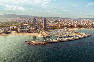 Poster - Barcelona aerial view of Port Olimpic and the beach, Spain. Vintage colors