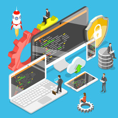 Flat isometric vector concept of software development, teamwork, brainstorm.