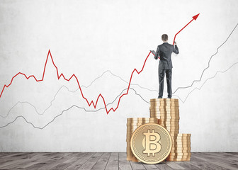 Businessman drawing bitcoin growth graph indoors