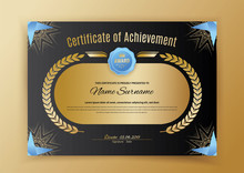 Official Black Certificate With Blue Black Design Elements. Gold Emblem, Gold Text On The Black Circle.
