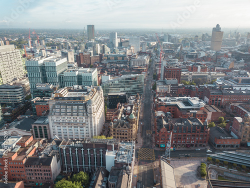 Cuadros en Lienzo Manchester City Centre Drone Aerial View Above Building Work Skyline Construction Blue Sky Summer Beetham Tower Deansgate