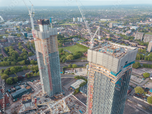 Fotomural Manchester City Centre Drone Aerial View Above Building Work Skyline Construction Blue Sky Summer Beetham Tower Deansgate