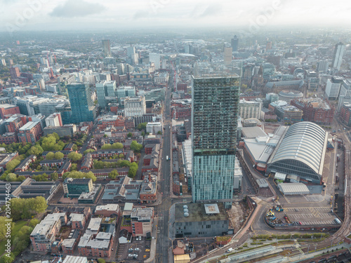 Cuadros en Lienzo Manchester City Centre Drone Aerial View Above Building Work Skyline Construction Blue Sky Summer Beetham Tower Deansgate