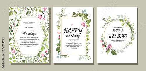 botanic card with wild flowers, leaves. Spring ornament concept. Floral poste...