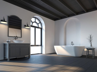 Scandinavian bathroom with black wood floor 3d render.There are black wooden floor and ceiling.Furnished with dark gray furniture.There are arch windows looking out to see the scenery outside.