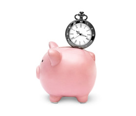 Piggy bank with pocket watch on white.