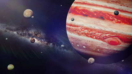 Wall Mural - planet jupiter with some of the 69 known moons lit by the sun and the milky way galaxy