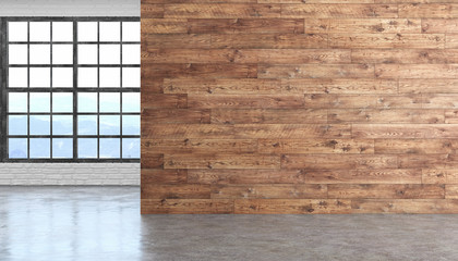 Loft wood empty room interior with concrete floor, window and brickwall.