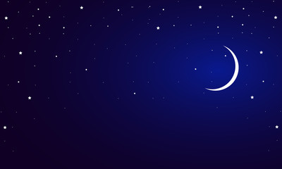 blue night sky with a crescent and stars