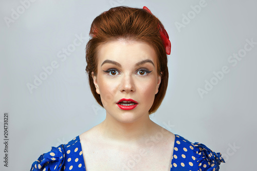 Close Up Of Amazed Pinup Girl Wearing Bright Make Up Vintage