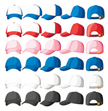 Baseball Cap. Collection Of Various Caps. Blue, White, Pink And Red Colors. Summer Hats For Children And Adults. Cartoon Style Design. Vector Illustration Isolated On White Background